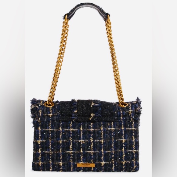 KURT GEIGER NAVY & BLACK EMBELLISHED with Gold Accent Tweed Handbag - Gold Chain - Picture 14 of 16